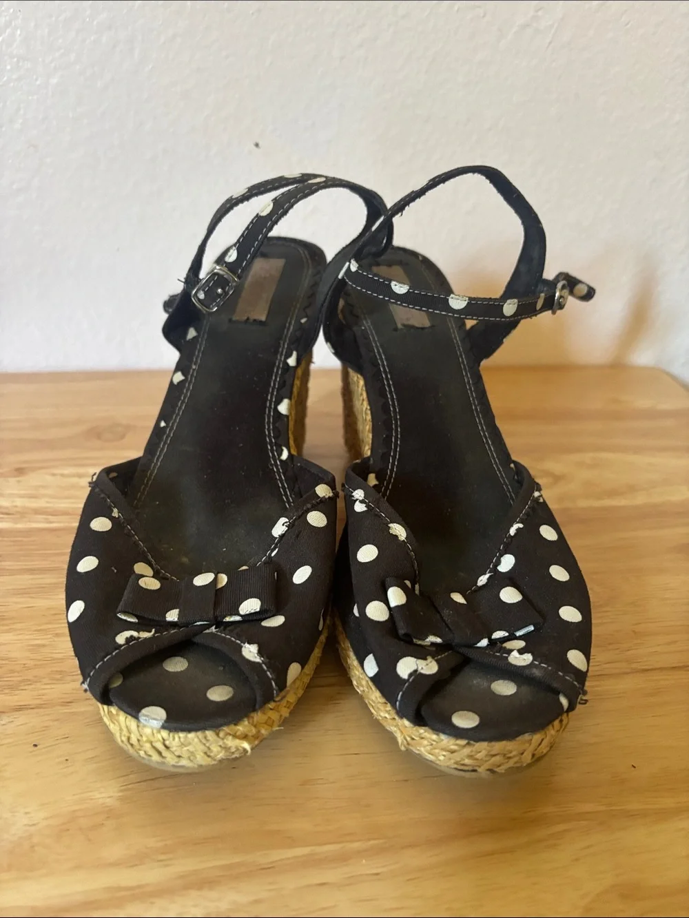 Black Polka Dot Pinup Wedge Sandals with Peep toe and Ankle Strap, Size 7